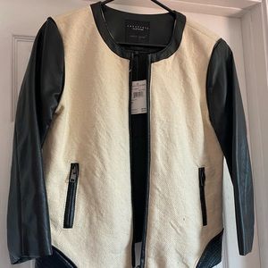 Cream cloth and Black leather Jacket